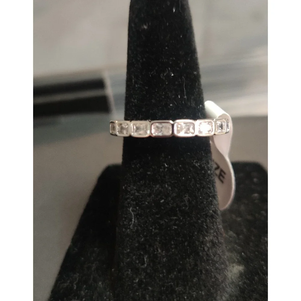 Moissanite Eternity Band Square Cut Bezel Set Ring Silver Tone Size 7